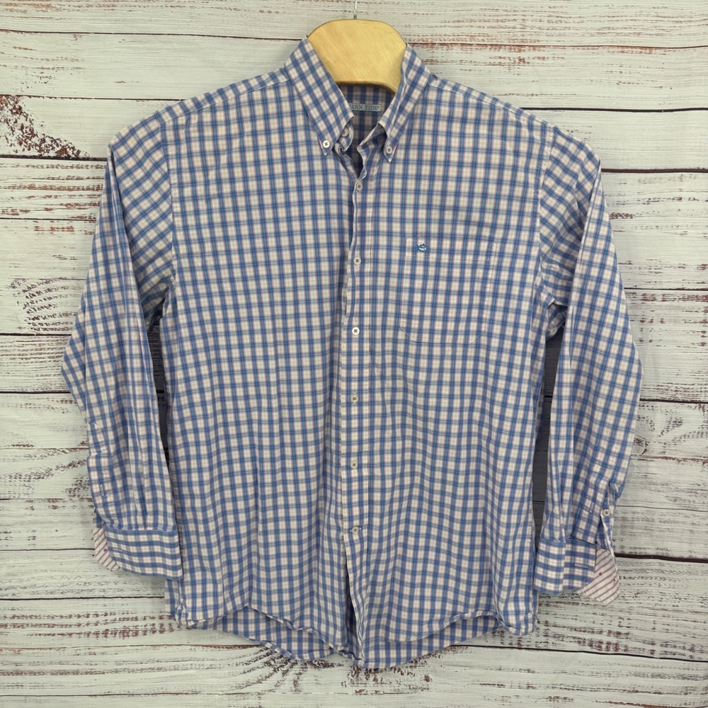 Southern Tide Plaid Button Down Long Sleeve Shirt Mens Large Blue‎ White